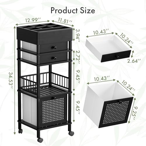 Amazer Bamboo Makeup Organizer Cart with 3 Drawers, Floor Skin Care Storage for Bathroom Bedroom, Rolling Vanity Organizer Cart for Cosmetic, Nail Polish, Perfume and Hair Tools, Black - color: Black