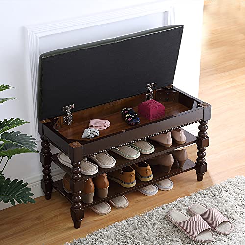 LEILISI Shoe Bench, Wood Storage Bench with Cushion Seat, Shoe Rack with Hidden Storage Space for Entryway Living Room Bedroom Hallway (Walnut, 31.5'') - color: Walnut, size: 31.5