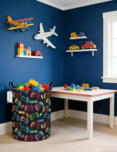 Round Game Controller Laundry Basket,Collapsible Laundry Hamper for Kids Boys,Waterproof Video Game Toy Storage Bin for Bedroom,Playroom, Boys Room,Gamer Gift (GAME) - color: Round GAME