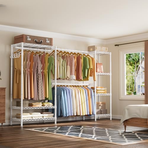 Golpart Heavy Duty Garment Rack Clothes Rack,Large Metal Closet Organizer System Storage Wardrobe,Freestanding Clothing Rack with 9 Adjustable Wire Shelves&3 Hang Rods,MaxLoad 1500lbs White - color: White, size: 15.75"D x (70~88.5)"W x 76.5"H