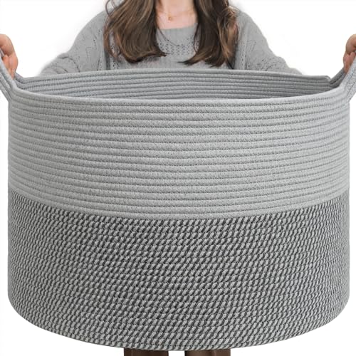 INDRESSME Extra Large Laundry Basket, Cotton Rope Blanket Basket for Nursery Living Room, Decorative Woven Storage Basket with Handles for Dirty Clothes, Toy Bin For Dog Toys, 21.7 x 13.8 inches, Grey - color: Light & Dark Grey, size: 21.7"D x 13.8"H