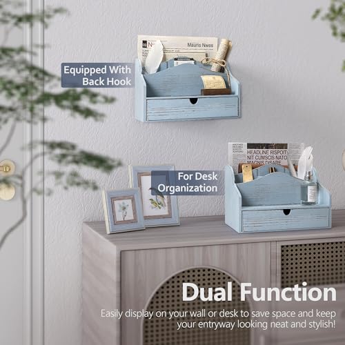Rebee Vision Pine Wood Mail Organizer for Desk - Vintage Farmhouse Style Mail Organizer with Drawer & Dividers - 4-Slot Paper & Jewelry Sorter, Desktop Organizer for Exquisite Home Decor (Blue) - color: A-Blue