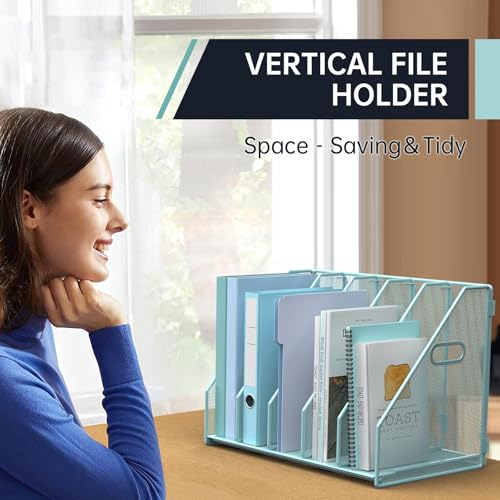 MINDEPOT Desk File Organizer Metal Desk Magazine Folder Holder with 5 Vertical Compartments Rack File Organizer for Office, Home, School (Blue) - color: Blue