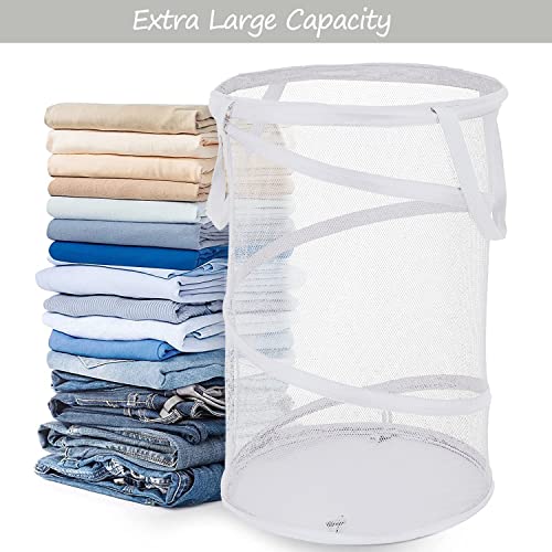 BATTOO 2 Pack White Large Collapsible Laundry Basket Foldable Mesh Pop Up Hamper with Handles for Laundry Room, Bathroom, Kids Room, College Dorm, Travel, Camping, Gift Basket - color: 2 x White, size: 13 x 23.7 inch