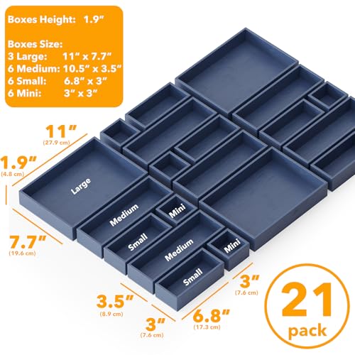 SpaceAid 21-Piece Bamboo Drawer Organizer Storage Boxes Set, Wood Tray Junk Drawer Organizers Multi-Use Divider Bins for Kitchen, Bathroom, Office Desk and Makeup Organization (21 Pack, Navy Blue) - color: Navy Blue