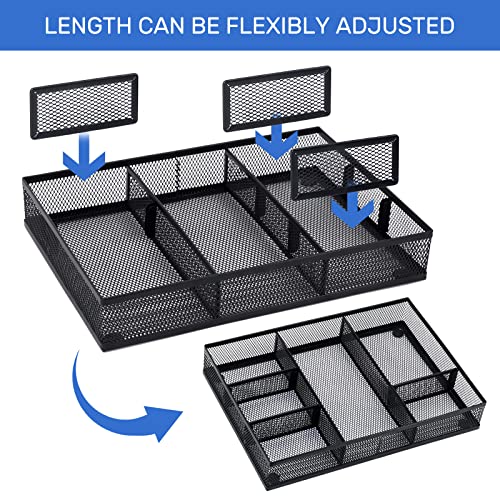 Neudeco Desk Drawer Organizer with 6 Adjustable Dividers, Metal Mesh Pen Organizer for Desk Drawer, Office Supplies Tray (Pack of 4, Black)