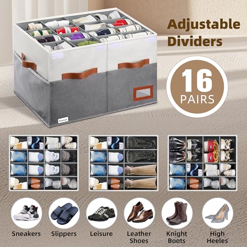 Supowin Shoe Organizer for Closet, Foldable Shoe Storage Bins with Lid & Adjustable Dividers, Fabric Shoe Box Storage Containers with Four Reinforced Handles, Fits 16 Pairs, 1 Pack, Grey - color: Grey, size: 21"L x 17"W x 13"H