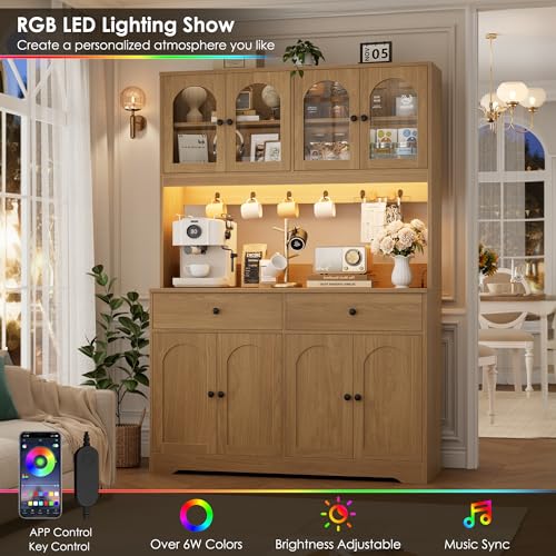HIFIT 71" LED Kitchen Pantry Cabinet with Power Outlet, Large Kitchen Hutch Storage Cabinet with Arched Door & Shelves & 2 Drawers, Tall Modern Coffee Bar w/Hutch for Home Dining Living Room, Natural - color: Natural