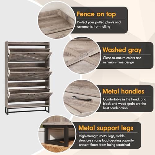 Maupvit Shoe Storage Cabinet with 3 Flip Drawers, Freestanding Organizer with Metal Legs for Entryway, Narrow Shoe Rack Cabinet, Washed Gray - color: Washed Gray, style: 3-Drawers