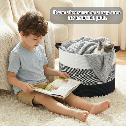 Artfeel 40L Large Cotton Rope Basket, Decorative Woven Blanket Storage for Living Room, Boho Toy Storage & Toy Box for Kids, Versatile Laundry Basket & Nursery Hamper for Blankets(Black) - color: Black, size: 40L