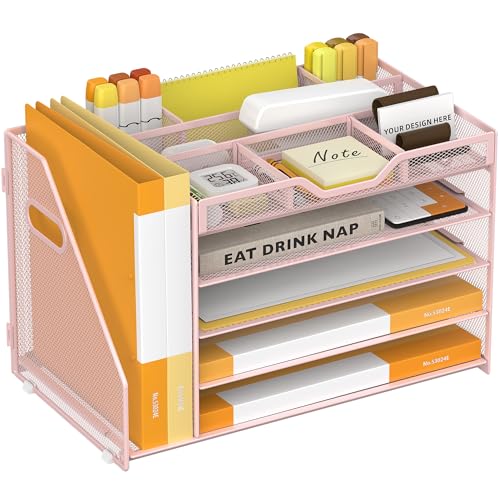 5 Tier Paper Letter Tray with File Holder and 3 Drop-in Pen Holders, Mesh Desk File Organizer with Handle, Desk Organizers and Accessories for School,Home, Office Supplies Storage-Pink - color: 5 Tier with File Holder-Pink, size: 15.4" x 9.1" x 10.3"