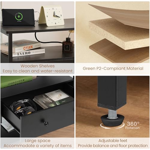 Edbuosy 27 Inch Wide Night Stand with Charging Station, Wood Nightstand with Open Shelf, Large Drawer Bedside Table for Living Room/Bedroom/Office (Black) - color: Black, size: 1 Drawer