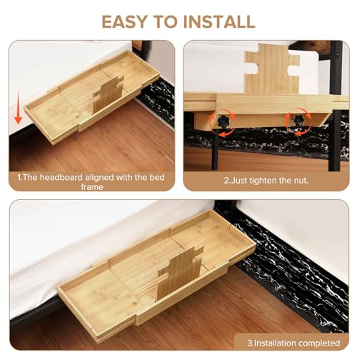 High Capacity Bedside Shelf, Bunk Bed Side Table, Loft Nightstand Organizer Tray, Loft Bed Shelf with Scalable Tray for Dorm Room, Clip On Nightstand with Cord Holder - Natural Bamboo