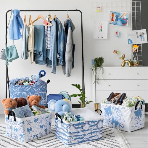 4 Pcs Coastal Beach Storage Basket Fabric Laundry Baskets with Handle Summer Ocean Blue Bow Foldable Organizer Boxes for Office Home Bedroom Baby Cloth Toy Book 15 x 10 x 8 - style: Summer Shell