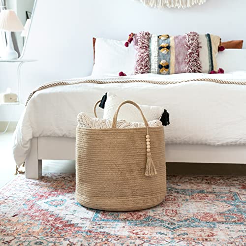 Mkono Woven Storage Basket Decorative Natural Rope Basket Wooden Bead Decoration for Blankets,Toys,Clothes,Shoes,Plant Organizer Bin with Handles Living Room Home Decor, Jute, 16" W × 13.8"L - color: Brown, size: 16" W × 13.8"L