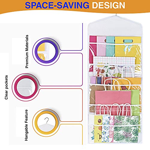 ProPik Hanging Double Sided Gift Bag Storage Organizer with Multiple Front and Back Pockets - Organize Your Gift Wrap, Tissue Paper, and Paper Bags 38 x 16 Inch PVC (White) - color: White