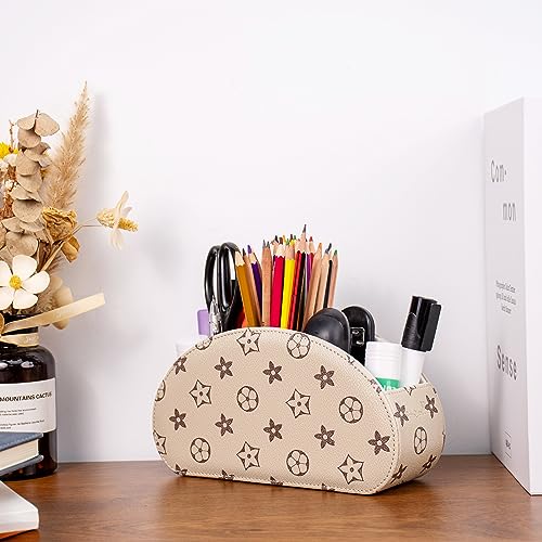 Remote Control Holders Organizer Box with 5 Compartment PU Leather Multi-functional Office Desk Storage Caddy Store Tv Remote for Media Player,Brush,Pencil,Glassees&Office Supplies (Begin+BrownF) - color: Begin+BrownF, size: S