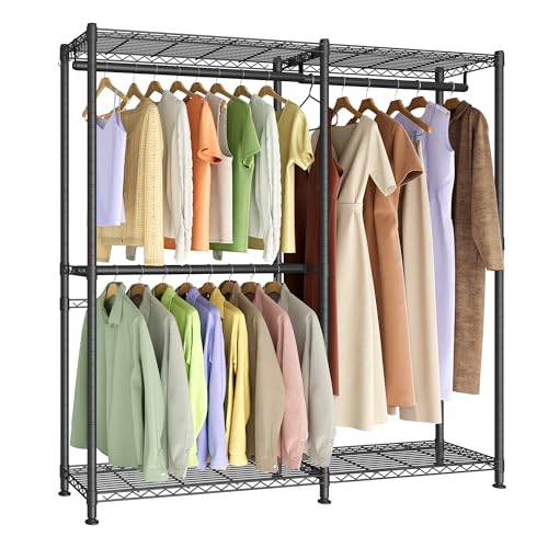SONGMICS Clothing Rack, Heavy-Duty Garment Rack with Adjustable Storage Shelves and Hanging Rails, Hooks, Freestanding Portable Wardrobe Closet, Cloud White ULGR427BH01 - color: Ink Black, size: 65"L x 76"H, style: Without Fabric Cover