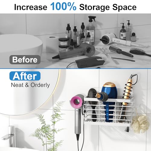 Sevenblue Hair Tool Organizer, 2026 Upgraded 3-in-1 Universal Hair Dryer Holder, Adjustable Height Metal Blow Dryer Holder Wall Mounted/Over Cabinet Door, Bathroom Organizer and Storage(White) - color: White