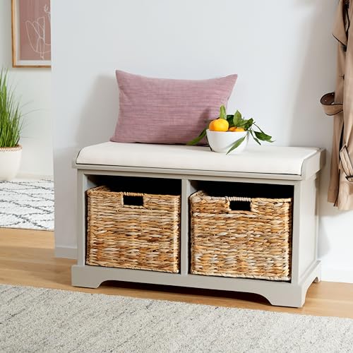 SAFAVIEH Home Collection – Freddy Vintage Grey Storage Bench with Wicker Baskets & Cushion, Entryway Seating Bench, Fully Assembled (AMH5736F) - color: Vintage Grey