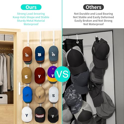HapiRm Over Door Hat Rack - 3 Packs Hat Organizer with 12 Hooks Design, Hanging Baseball Cap Organizer Storage Holds Up to 60 Caps for Door, Bedroom, Closet (White) - color: White, size: 3 Pack