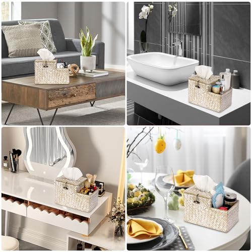 Sumnacon Tissue Box Cover Square Tissue Box Woven Seagrass Tissue Box Holder with Side Organizer, Rustic Tissue Holder for Living Room Bathroom Bedroom Kitchen Office Table Desk, White - color: White