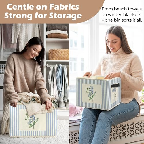 Blue Striped Floral Storage Bin Box with Handles, Rustic Blue Flower Botanical Foldable Linen Fabric Laundry Basket for Home Bedroom Bathroom Girls Room Clothes Toys Books - color: Floral-A