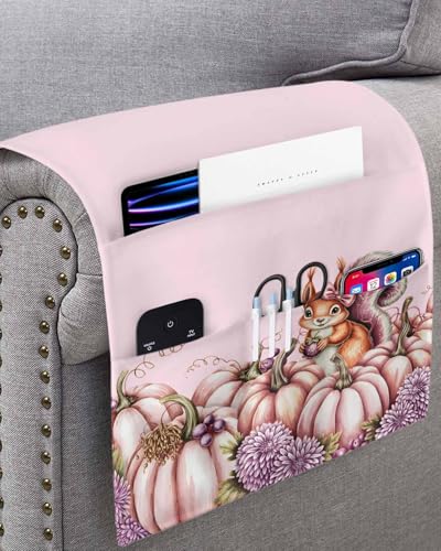 Fall Thanksgiving Remote Control Holder for Bed Recliner Sofa Armrest Organizer, Purple Pumpkin Autumn Flower Botancial Couch Caddy Bedside Storage with 4 Pockets for Magazine/Phone/Cup 13"x35" - color: Pumpkinsdy8851, size: 13 x 35 Inch