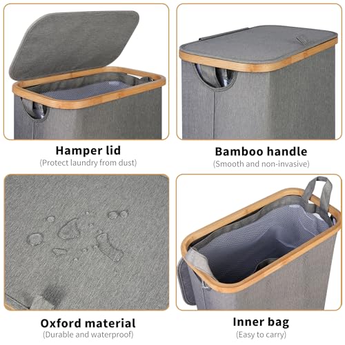 iEGrow 65L Slim Laundry Hamper, Narrow Laundry Basket with Lid,Foldable Clothes Hamper with Bamboo Handles,Hamper Basket with Removable Inner Bag for Laundry Room Bedroom College Dorm,17.17 Gals Grey - color: Grey, size: 65L