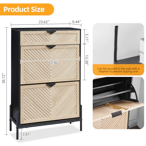 Shoe Cabinet Storage with 2 Flip Drawers, Narrow Hidden Shoes Organizer Cabinet for Entryway, Freestanding Slim Shoe Rack Front Door Entrance(Oak&Black) - color: Oak&black, size: Medium