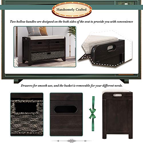 Fully Assembled Solid Acacia Wood Storage Bench - Shoe Organizer with 2 Drawers, Removable Basket & Padded Cushion, Rustic Entryway Bench (Espresso) - color: Espresso