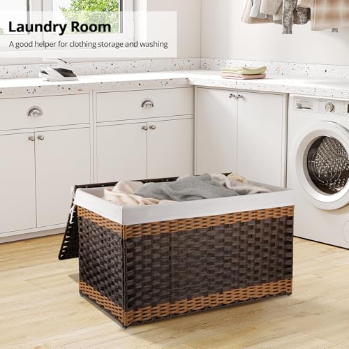 OIAHOMY Storage Basket with Lid, 42.3 Gallon (160L) Blanket Basket with Removable Liner Bag, Synthetic Wicker Hamper with Handle, Foldable, Hamper for Living Room, Brown - color: Gradient Brown, size: 160L