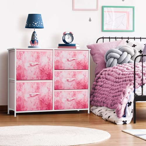 Sorbus Kids Dresser with 5 Drawers - Storage Chest Organizer Unit with Steel Frame, Wood Top & Handles, Tie-dye Fabric Bins for Clothes - Wide Furniture for Bedroom Hallway Kids Room Nursery & Closet - color: Pink Tie Dye, style: 5-Drawer
