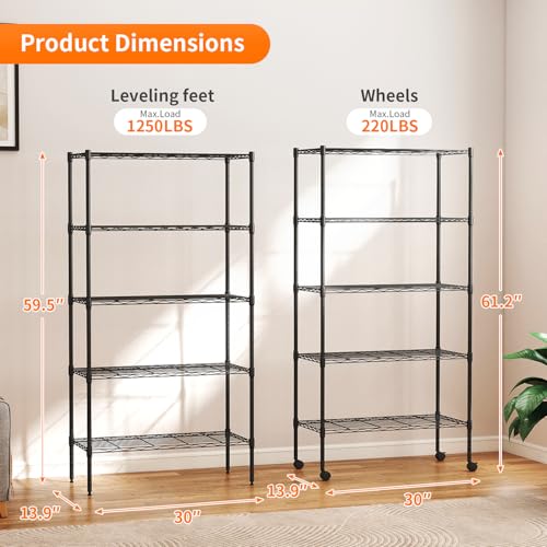 BestOffice | 5-Tier Wire Storage Shelves with Wheels | 14 x 30 x 61 | Black | with Adjustable Racks | Heavy-Duty Metal Shelf, Holds Upto 1250 lbs | No-Tool Assembly | Ideal for Home & Garage Shelving - color: Black, size: 14"D x 30"W x 61"H