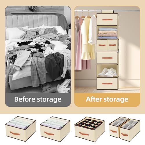Hanging Closet Organizer 6-Shelf, Upgrade Hanging Shelves for Closet with 5 Removable Drawers & Side Pockets, Hanging Shelf Organizer for Bedroom or Garment Rack, 12.6'' x 12.6'' x 44.1'', Beige