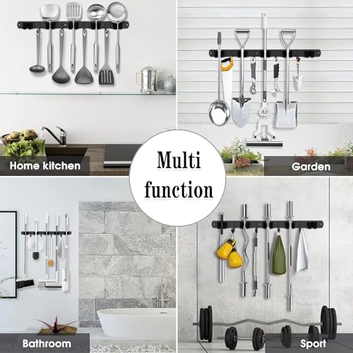 Black 5 Racks and 4 Hooks Mop and Broom Holder Wall Mount, Broom Organizer Storage Tool Racks Stainless Steel Heavy Duty Hooks Self Adhesive Solid Non-slip for Home Kitchen Garden Laundry Garage - color: 5 Racks & 4 Hooks (Black) - 1 Pack