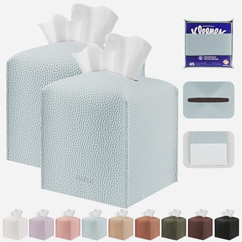 Tissue Box Cover Holder Square Tissue Cube Cover PU Leather Tissue Organizer with Bottom Belt for Bathroom, Tabletop, Car, Night Stands, Office, Home, Kitchen (2, Blue) - color: Blue