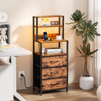 Furnulem Night Stand, Tall Nightstand with 4-Tier Shelves and 3 Fabric Drawers, LED Bed Side Tables with Charging Station, Bedside Table for Bedroom, Hallway, Office, Rustic Brown - color: Rustic Brown, size: 3 Drawer