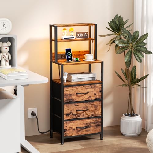 Furnulem Night Stand, Tall Nightstand with 4-Tier Shelves and 3 Fabric Drawers, LED Bed Side Tables with Charging Station, Bedside Table for Bedroom, Hallway, Office, Rustic Brown - color: Rustic Brown, size: 3 Drawer
