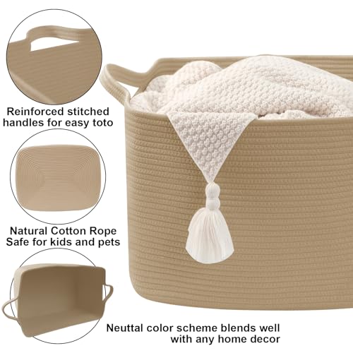 Large Blanket Basket,Woven Rope Basket Storage Bin with Handles,65L Rectangle Laundry Basket for Magazines,Toys,Clothes,Newspaper Shelf Organization,Nursery and Living Room,Jute - color: Jute, size: 21"x16"x12"(65L)
