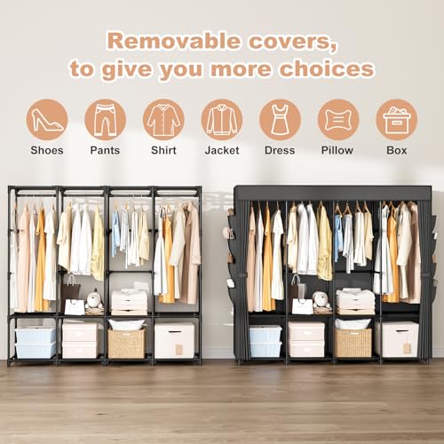 Portable Closet for Hanging Clothes, 67 Inch Wide Portable Wardrobe Closet with Cover, 4 Hanging Rod, Storage Shelves and Side Pockets, Large Free Standing Closet for Bedroom, Black - color: Black, size: 4 Row - 67'' Wide
