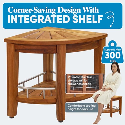 AquaTeak Patented 15.5" Kai Stainless Corner Teak Shower Bench - Shower Stool with Storage Shelf for Bathroom - Water Resistant Shower Chair with Teak Oil & Cleaner CareKit - Shaving Foot Rest - size: Stainless - Care Kit, style: Corner Stool With Shelf
