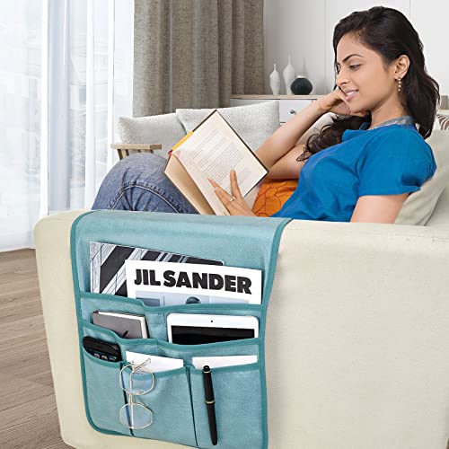 Teniux Remote Control Holder Faux Leather Armrest Organizer with 6 Pockets for recliner couch sofa, Armchair Caddy for Smart Phone, Book, Magazines, Ipad, Remotes (Teal) - color: Teal