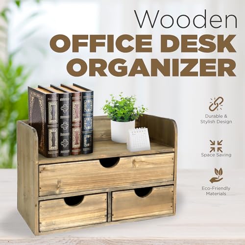 Besti Wooden Office Desk Organizer - Organizing Tool for Desktop, Cubicle, Bedroom, Kitchen - Vintage Style Organization Caddy with Top Tray Shelf & 3 Drawers - 13.6x9x7 Inches (Rustic Burnt) - color: Rustic Burnt