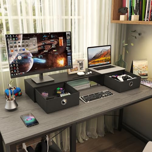 WESTREE Dual Monitor Stand Riser with Two Drawers, Extra Large Storage Monitor Stand for 2 Monitors, Desktop Oraganizer Stand for Computer,Laptop,Screen,Printer,TV - color: Black