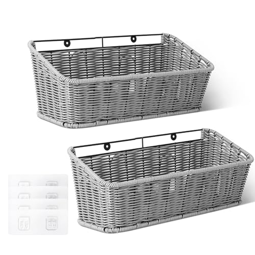 GRANNY SAYS Wicker Hanging Basket, 2 Pack Storage Baskets for Cabinet, Wall Mount Fruit Basket for Kitchen, Adhesive Bathroom Cabinet Organizer, Pantry Organizers and Storage, Gray - color: Slate