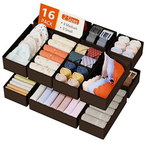 DIMJ Drawer Organizer Clothes Storage - 16 Pack Baby Dresser Organizer for Nursery, Foldable Drawer Dividers for Bedroom Closet Organization, Fabric Storage Bins for Socks, Underwears, Bras - color: Brown