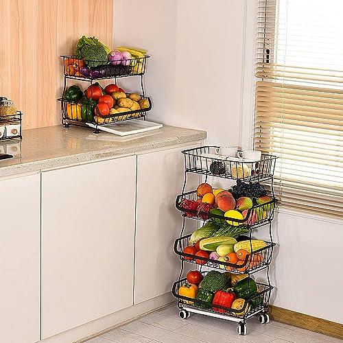 Miyawell Fruit Vegetable Storage Basket, 4 Tier Stackable Metal Wire Storage Baskets with Wheels, Fruit Vegetable Produce Basket Organizer Bins for Kitchen, Pantry, Bathroom - color: 4 Tier-black