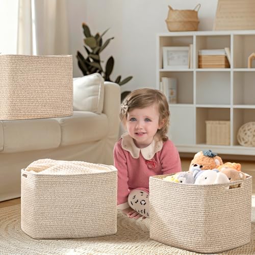 3 Pack Cube Storage Bin, 17”x12”x12” Cotton Rope Woven Baskets for Organizing Toys Clothes Towels, Square Gift Storage Baskets for Shelves, Nursery, Closet, Bathroom, Pantry (Jute) - color: Jute, size: 17" x 12" x 12"