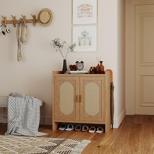 Panana 5 Layer Farmhouse Style Shoe Cabinet, Wooden Freestanding Shoe Rack with 2 Doors and Adjustable Shelves, Shoe Storage Organizer for Entryway Hallway Closet (Rattan Brown, 5 Tier) - color: Rattan Brown, size: 5 Tier